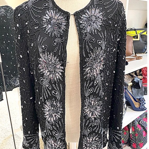Vintage Silk Beaded Evening Jacket Sz Medium sequin 90s 80s Black - Picture 9 of 10